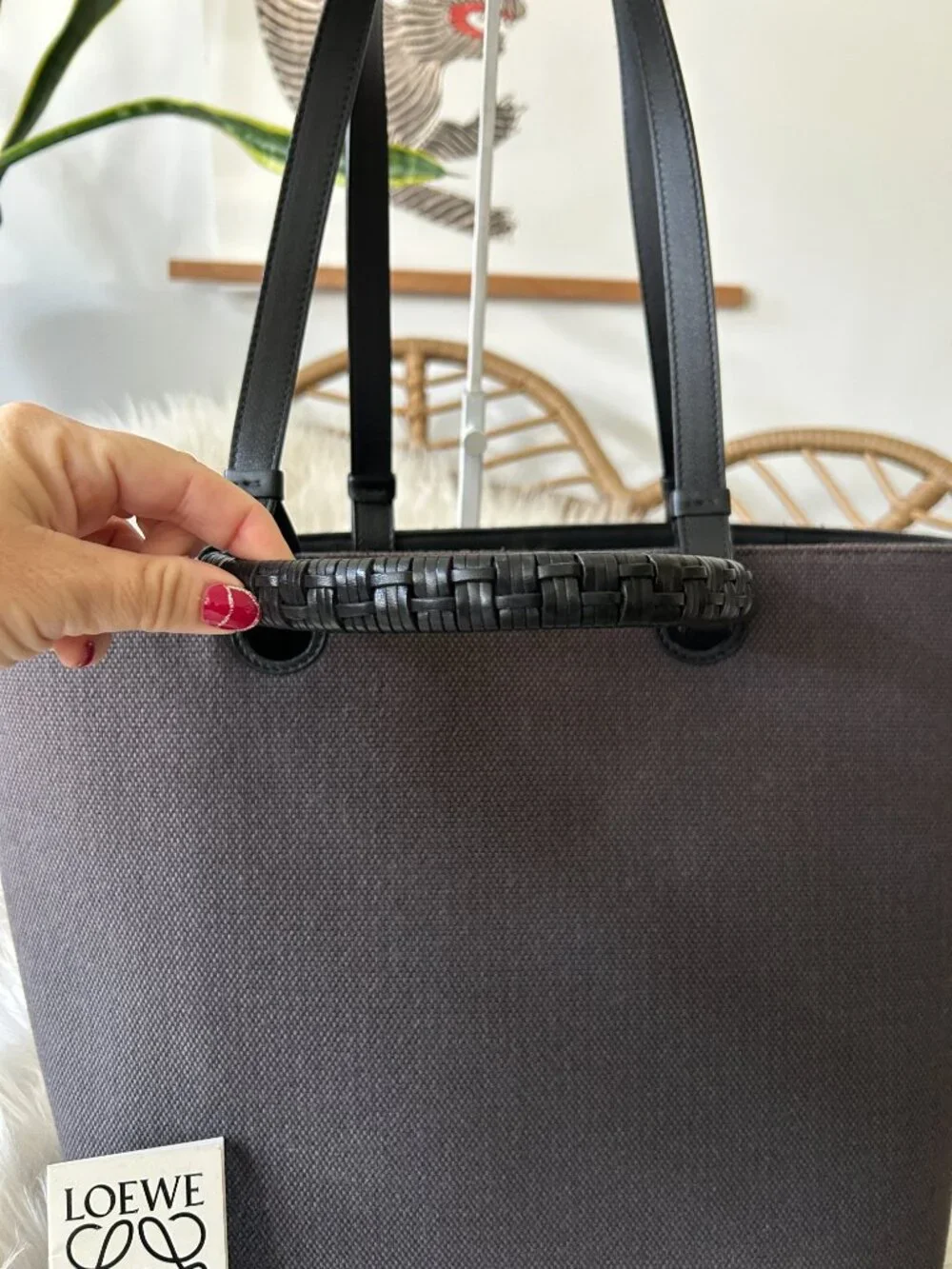 Loewe Anagram Tote in Leather & Canvas Black & Gray-Laptop, Travel, Work